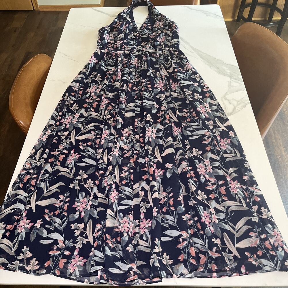 Gal Meets Glam Blue Sienna Button Down Blue Floral Halter Top Maxi Dress Size 6